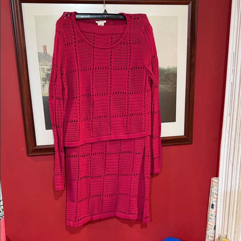 Ultra Pink Long Sleeve Crochet Dress in Bold Pink